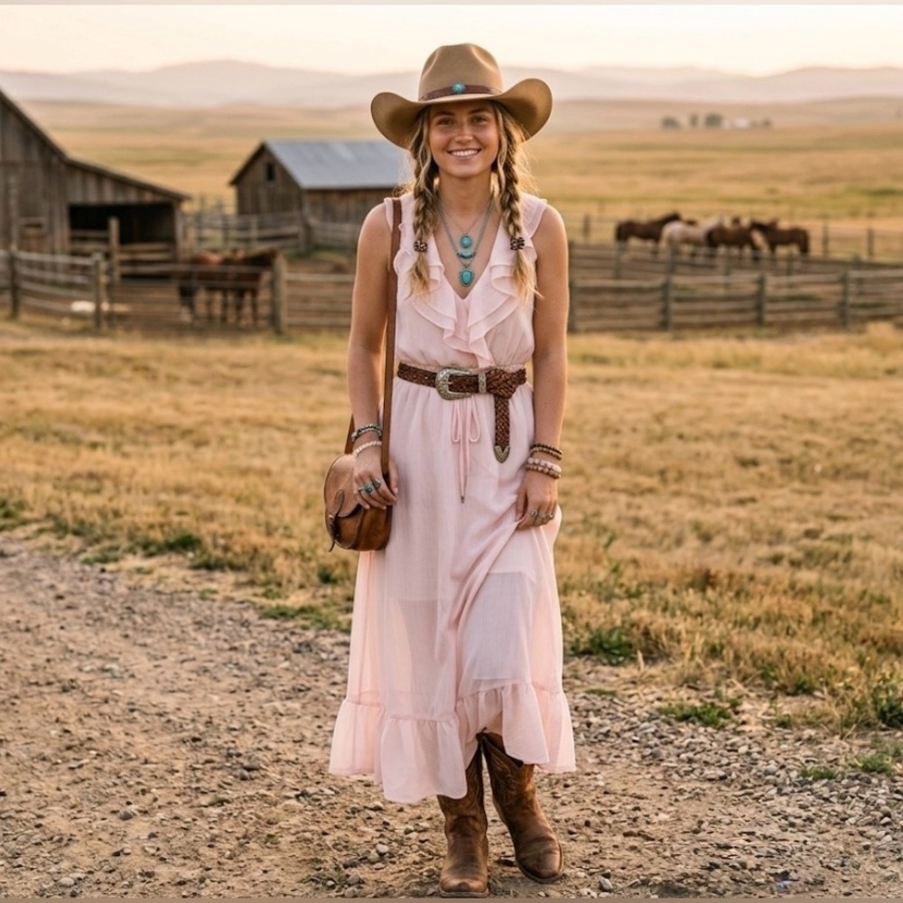 Chelsea28 Ruffle Trim Chiffon Dress Light Pink Creole Midi Dress-Orig$190 - Picture 2 of 16